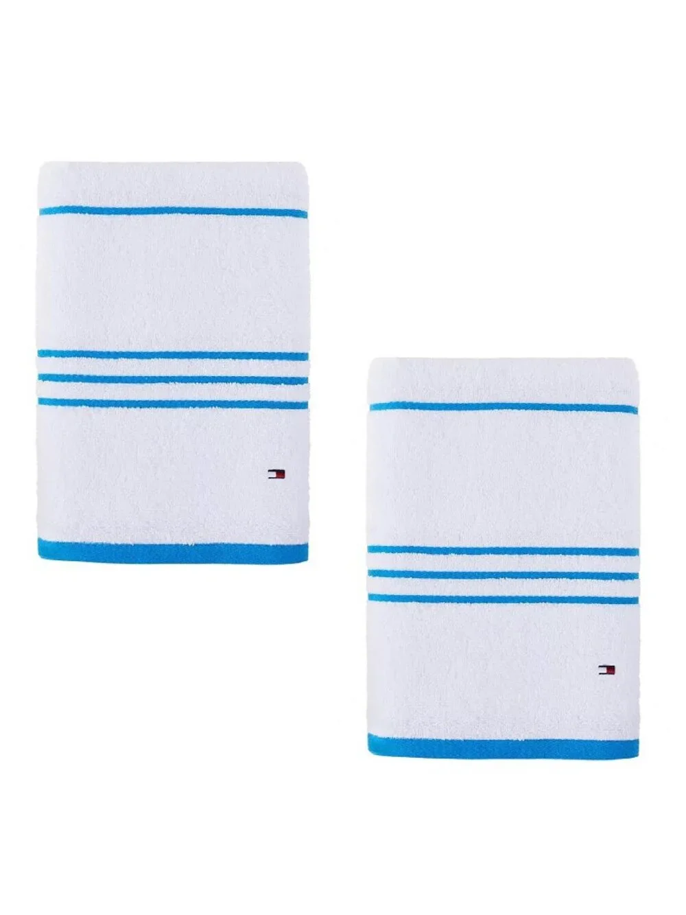 2 new Tommy Hilfiger American 90% Cotton BATH Towels WHITE w/ BLUE STRIPE